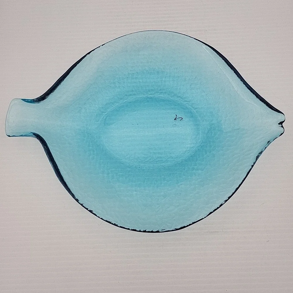 Fish Shape Clear Glass Serving Dish Aqua Turquoise Blue Fish Plate 10.5